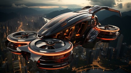 A futuristic flying electric vehicle soaring above a cityscape with skyscrapers.