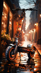An electric scooter on night street background - the trend toward compact, efficient, and personalized modes of transportation.