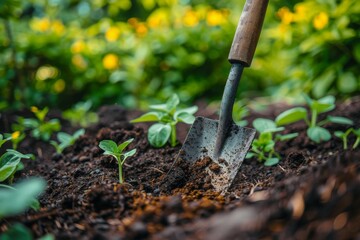 Close-up of a garden spade in fertile soil with young plants growing