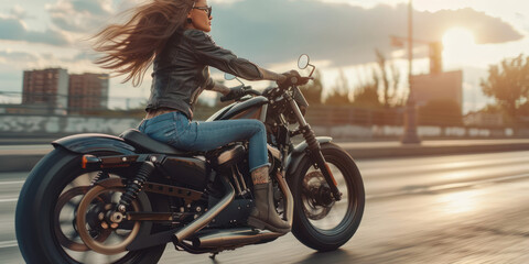 Fototapeta na wymiar Beautiful woman biker wearing glass with tattoos muscled arms and legs, long hair in the wind, high heel boots, top, leather jacket, motorcycle