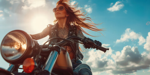 Beautiful woman biker wearing glass with tattoos muscled arms and legs, long hair in the wind, high heel boots, top, leather jacket, motorcycle