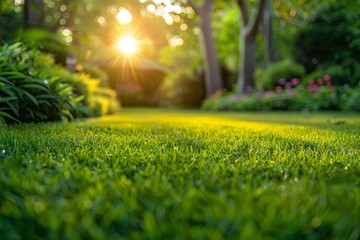 Fototapeta na wymiar Sunlit eco-friendly garden with lush grass and morning dew drops