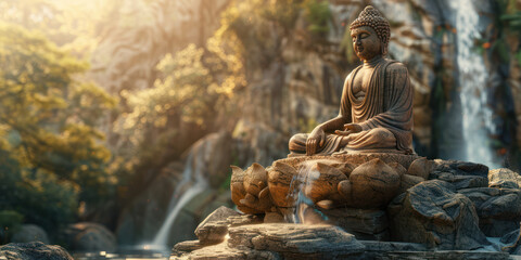Buddha statues carved into the high cliffs of mountains, beneath which are lakes, verdant forests,...
