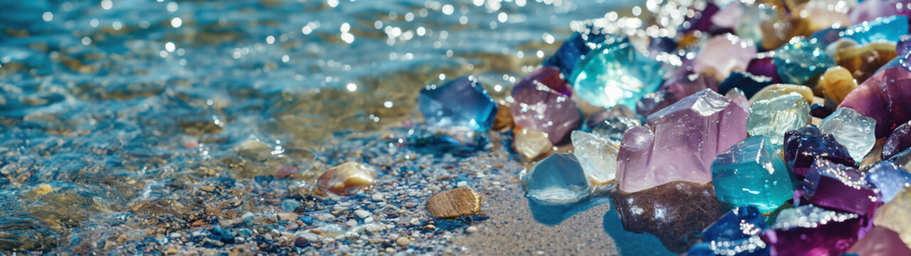 A colorful beach scattered with crystal pebbles and surrounded by clear ocean waters.