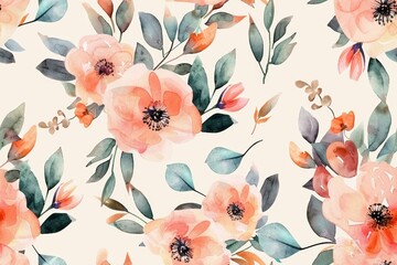 Elegant watercolor floral pattern with peach and green tones.