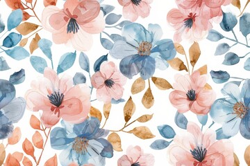 Ethereal watercolor floral pattern with blue and coral blooms.