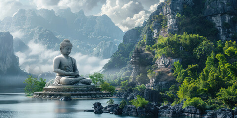Buddha statues carved into the high cliffs of mountains, beneath which are lakes, verdant forests,...