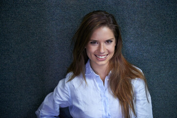 Woman, portrait and smile for work, formal and professional for background and happy for job as...