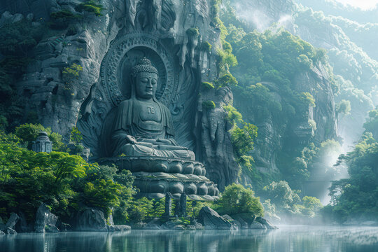 Buddha statues carved into the high cliffs of mountains, beneath which are lakes, verdant forests, morning mist, and rays of light