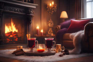 Mulled wine against the fireplace in the background. Fur on the floor. Romantic scene, pillows on the floor. Cozy atmosphere on winter evening.