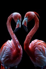 Two flamingos forming a heart shape against a dark background