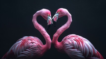 Graceful pink flamingos creating a heart shape with their necks - obrazy, fototapety, plakaty