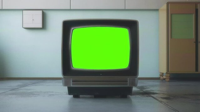 Classic old TV with bright green screen in a retro kitchen setting.