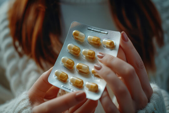 Cropped Of Sick Woman's Hand Holding Medicine Capsules Remove From Blister Bag Pain Relievers For The Flu Headache To Treat, Take Medicine At Home