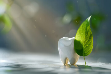 White tooth on a beautiful background with a green leaf next to it with space for text or inscriptions, caring for a healthy and beautiful smile, dental background
