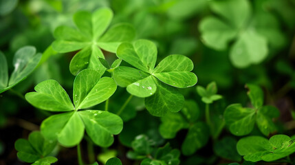 Fototapeta na wymiar Green clover leaves background. Happy St. Patrick's Day.