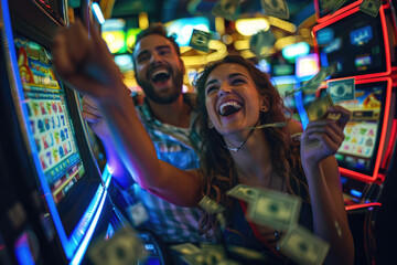 man wins the casino jackpot or lottery with money or dollars all around