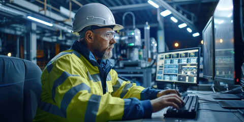 Male engineer wearing reflective clothing and white safety helmet, working with operating a PC, Designing, inspecting, and controlling machinery in automobile factories - obrazy, fototapety, plakaty