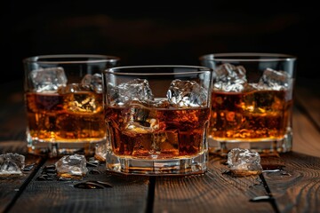 Three whiskey glasses with ice on a dark wooden table, elegant drink - obrazy, fototapety, plakaty