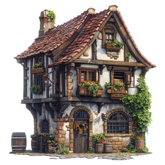 Fototapeta na wymiar Digital illustration of a medieval tavern with a signboard. Fantasy tavern concept with detailed woodwork and stone masonry for RPG, storybook scenes, and digital art projects. Transparent background