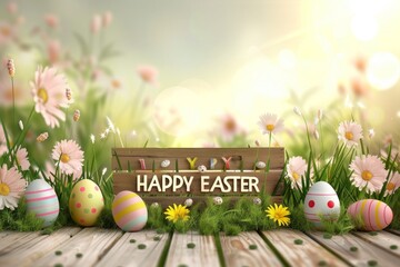 Colorful Easter Egg Basket rose blossom. Happy easter Chocolate eggs bunny. 3d decorative posters hare rabbit illustration. Cute Augmented Reality festive card Easter pattern copy space wallpaper