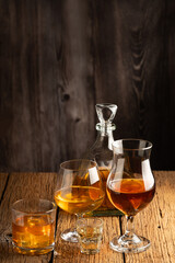 Selection of strong alcoholic drinks. Whiskey, liqueur, tequila, cognac, rum.