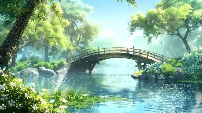A peaceful riverbank with a weaved bridge over calm waters. Fantasy landscape anime or cartoon style, looping 4k video animation background