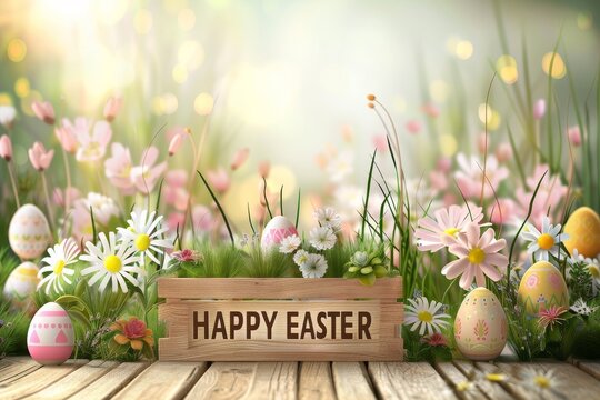 Colorful Easter Egg Basket Psychedelic. Happy easter pastel colors bunny. 3d Happy Easter hare rabbit illustration. Cute hoppy balanced festive card easter egg hunt checklist copy space wallpaper