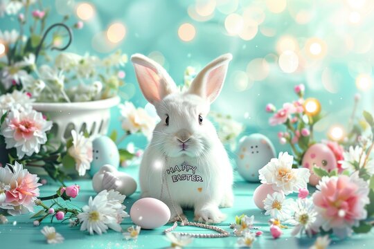 Colorful Easter Egg Basket Digital Illustration. Happy easter Decorations bunny. 3d illustrative art hare rabbit illustration. Cute inspirational card festive card rose gold copy space wallpaper