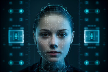 Face recognition technology concept. Woman in the biometric identification process.