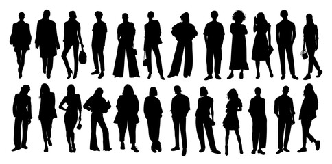 Silhouettes of diverse business people, men and  women standing, walking full length, front, side view. Vector black monochrome outline illustrations isolated on transparent background. - obrazy, fototapety, plakaty