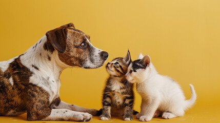 A loving pair of terriers and an adorable tabby kitten enjoying a shared moment of playfulness on a warm mustard yellow background. - obrazy, fototapety, plakaty