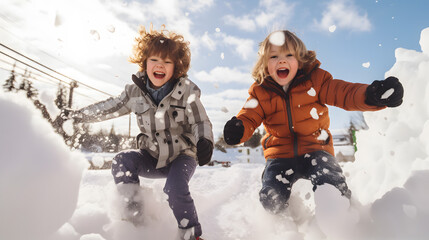 Children jump and tumble in the snow, throwing snowballs and throwing snow among themselves. Winter childhood games. Active outdoors leisure with children in winter - obrazy, fototapety, plakaty