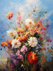 Fototapeta na wymiar Many beautiful different spring flowers. Oil painting in impressionism style.