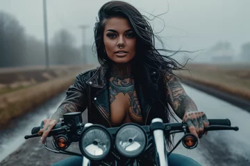 Cercles muraux Moto Woman biker wearing glass with tattoos muscled arms and legs, long hair in the wind, high heel boots, top, a leather jacket, a motorcycle