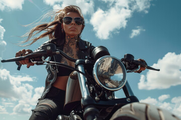 Woman biker wearing glass with tattoos muscled arms and legs, long hair in the wind, high heel boots, top, a leather jacket, a motorcycle