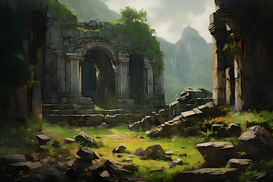 Landscape with the ruins of an ancient Indian temple. Oil painting in impressionism style.