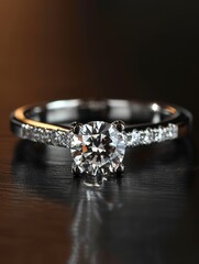 Silver diamond ring. Jewelry. Product shoot, macro shot, silver ring with diamond on shiny dark surface. Dark background.	