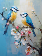 Birds sit on the branches of blooming spring trees. Oil painting in impressionism style.