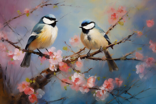 Birds sit on the branches of blooming spring trees. Oil painting in impressionism style.