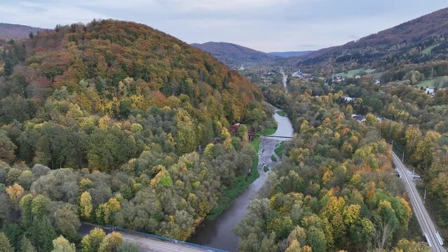  Scenery of the town and health resort in Ustron on the hills of the Silesian Beskids, Poland. Aerial drone view of beskid mountains in Ustron. Ustron Aerial View. Vistula River flows through Ustron.