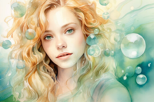 Oil portrait of an Attractive face of an young blonde woman with long wavy hair. Sensual young lady. Portrait of a beautiful sensual girl with long blond hair a painted by oil