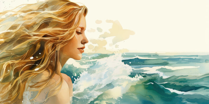 Portrait of young woman on the a stormy sea. Colorful creative watercolor illustration