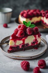 Cheesecake with raspberries and mint