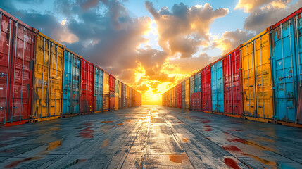 Fototapeta premium Cargo containers stacked at the docks at sunset. Freight transportation concept.