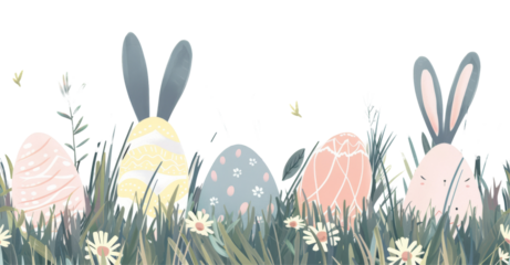 Soft pastel illustration of two adorable bunnies among Easter eggs and spring flowers. Perfect for seasonal decorations and children's content.
