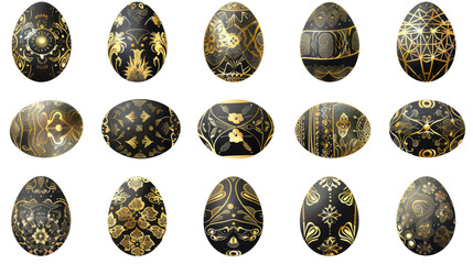 Set of decorated luxurious black Easter eggs with elegant golden patterns, isolated on a white background. Used for Easter decoration themes, festive backgrounds, invitation designs.
