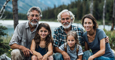Multi-generational family smiling together during a nature outing near a serene lake