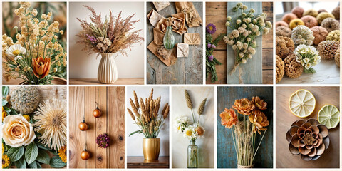 A collage of various photos showcasing dried flowers and plants in vases and bottles, as well as dried leaves and fruits. - obrazy, fototapety, plakaty