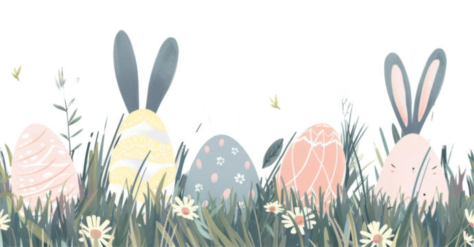 Soft pastel illustration of two adorable bunnies among Easter eggs and spring flowers. Perfect for seasonal decorations and children's content.